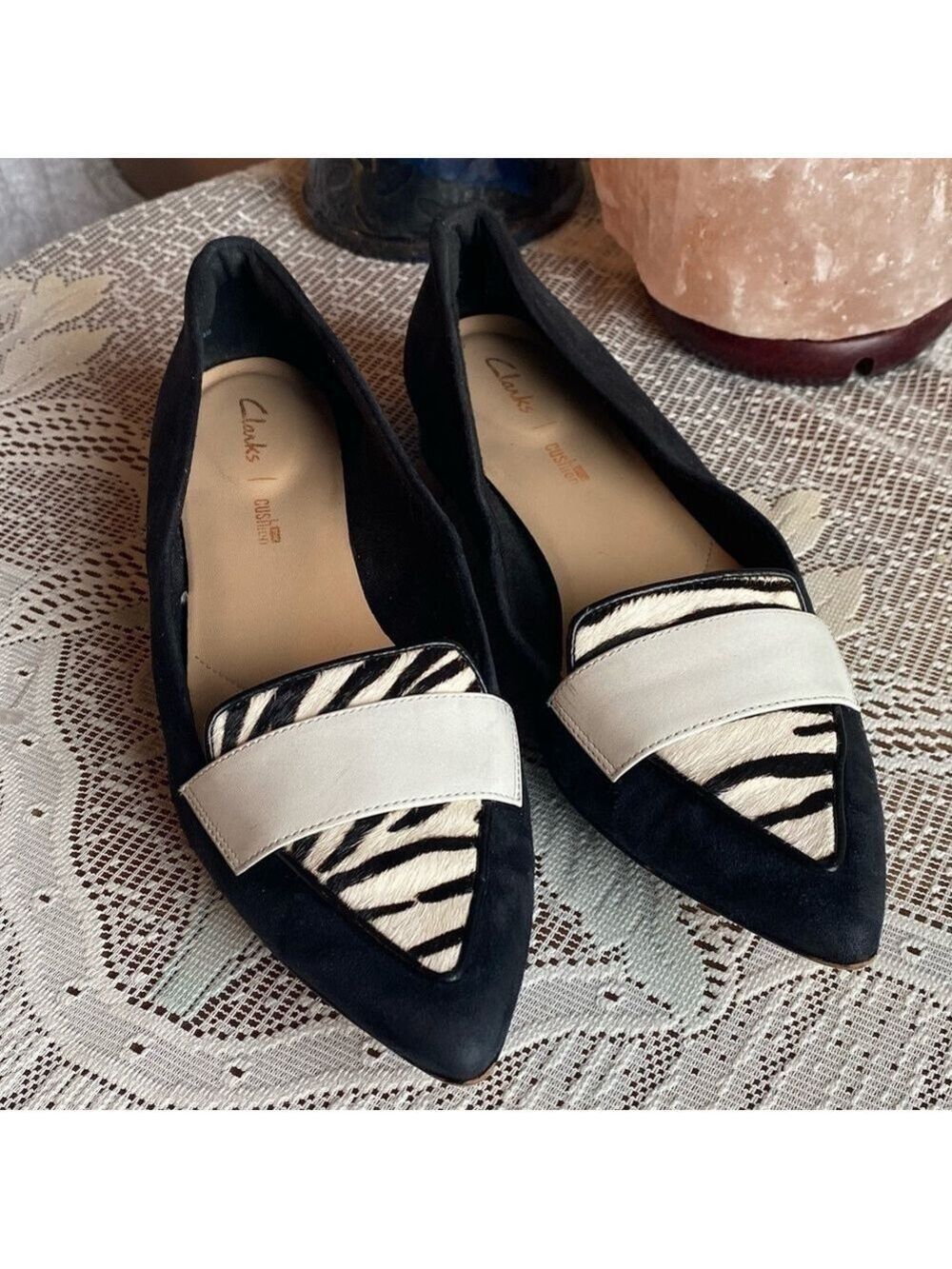 Clarks Laina Zebra Print Black Suede Loafer Flat Pointed Sample shoe size 7.5